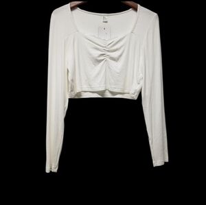 Floerns Womens Crop Long Sleeve Top Tee Ruched Bust Sweetheart Lace Neckline XL